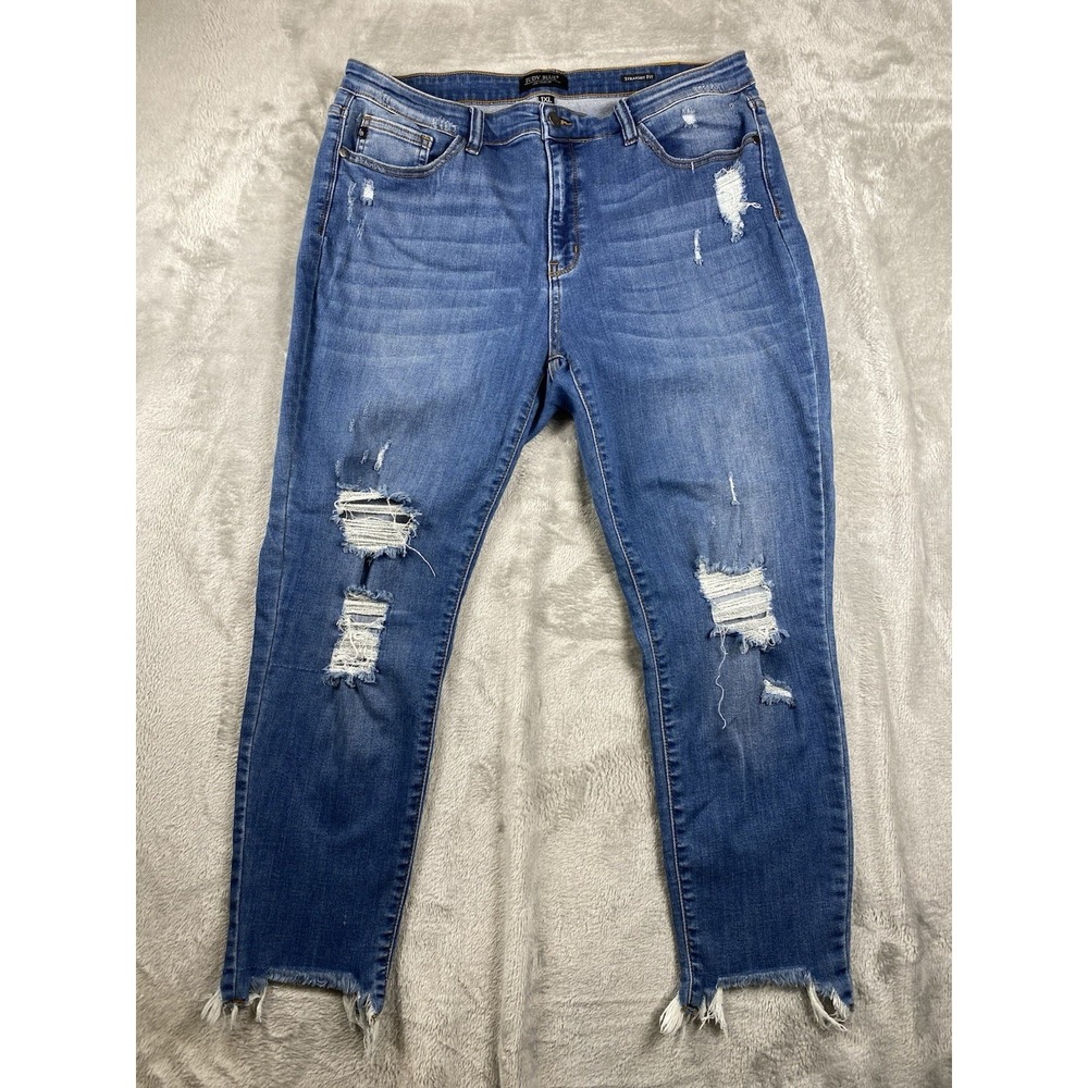 Judy Blue Women's Jeans 1XL Distressed Straight Fitโ Blue Raw Hem High Rise